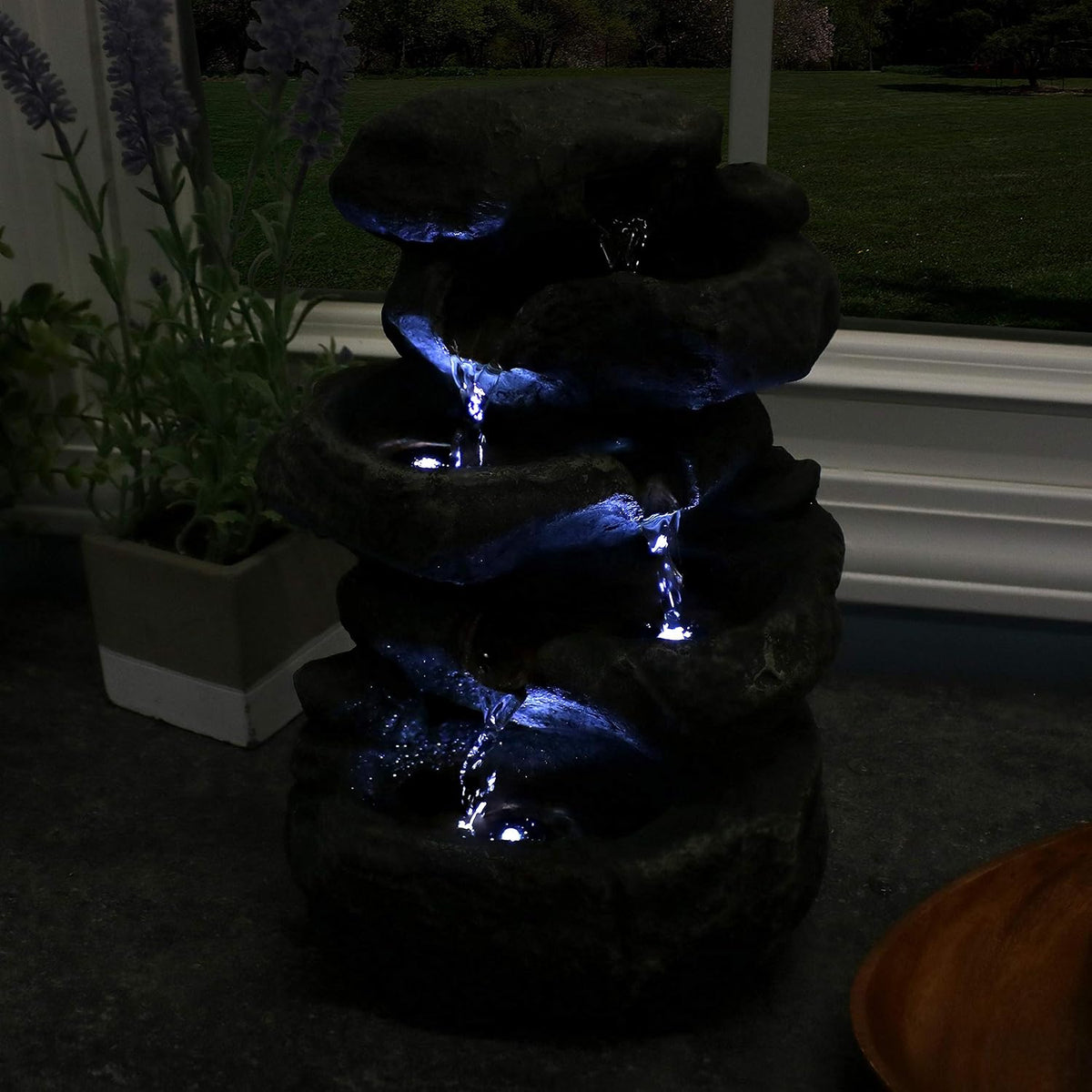 Sunnydaze 10" 5-Step Tabletop Water Fountain with LED Lights, Stacked Rocks