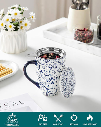 vancasso SELENE Porcelain Tea Mug, 18 oz Porcelain Tea Cup with Infuser and Lid Steeps Loose Leaf Tea, Microwave & Dishwasher Safe, Blossom Cluster