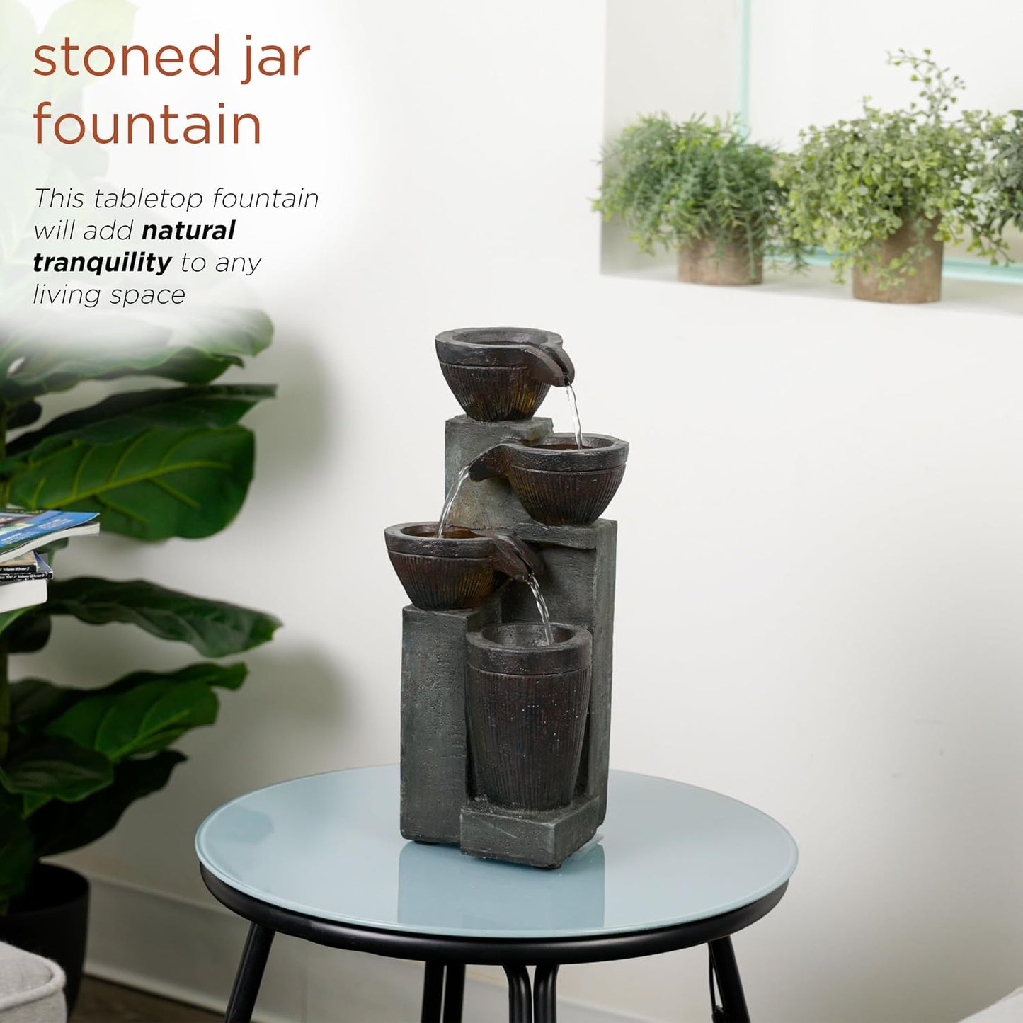 Alpine Corporatio 14" Tall Stoned Jar Cascading Water Fountain with LED Lights, Elegant Tabletop Water Feature for Home, Office, Living Room, and Bedroom Decor, Gray