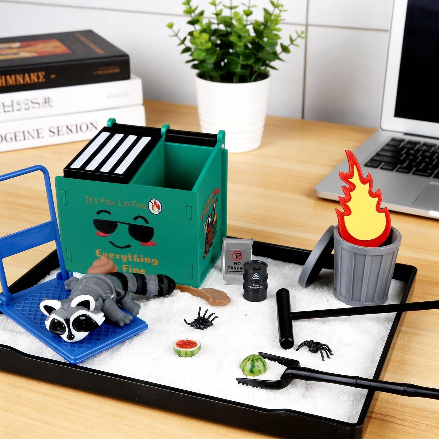 2026 New Dumpster Fire Zen Garden Desktop Kit with Raccoon Figurines - Funny Office Desk Accessory for Stress Relief, White Elephant Gifts, Coworker Gifts - Mini Sand Tray Therapy