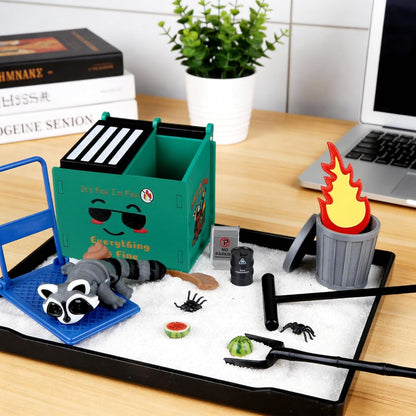 2026 New Dumpster Fire Zen Garden Desktop Kit with Raccoon Figurines - Funny Office Desk Accessory for Stress Relief, White Elephant Gifts, Coworker Gifts - Mini Sand Tray Therapy