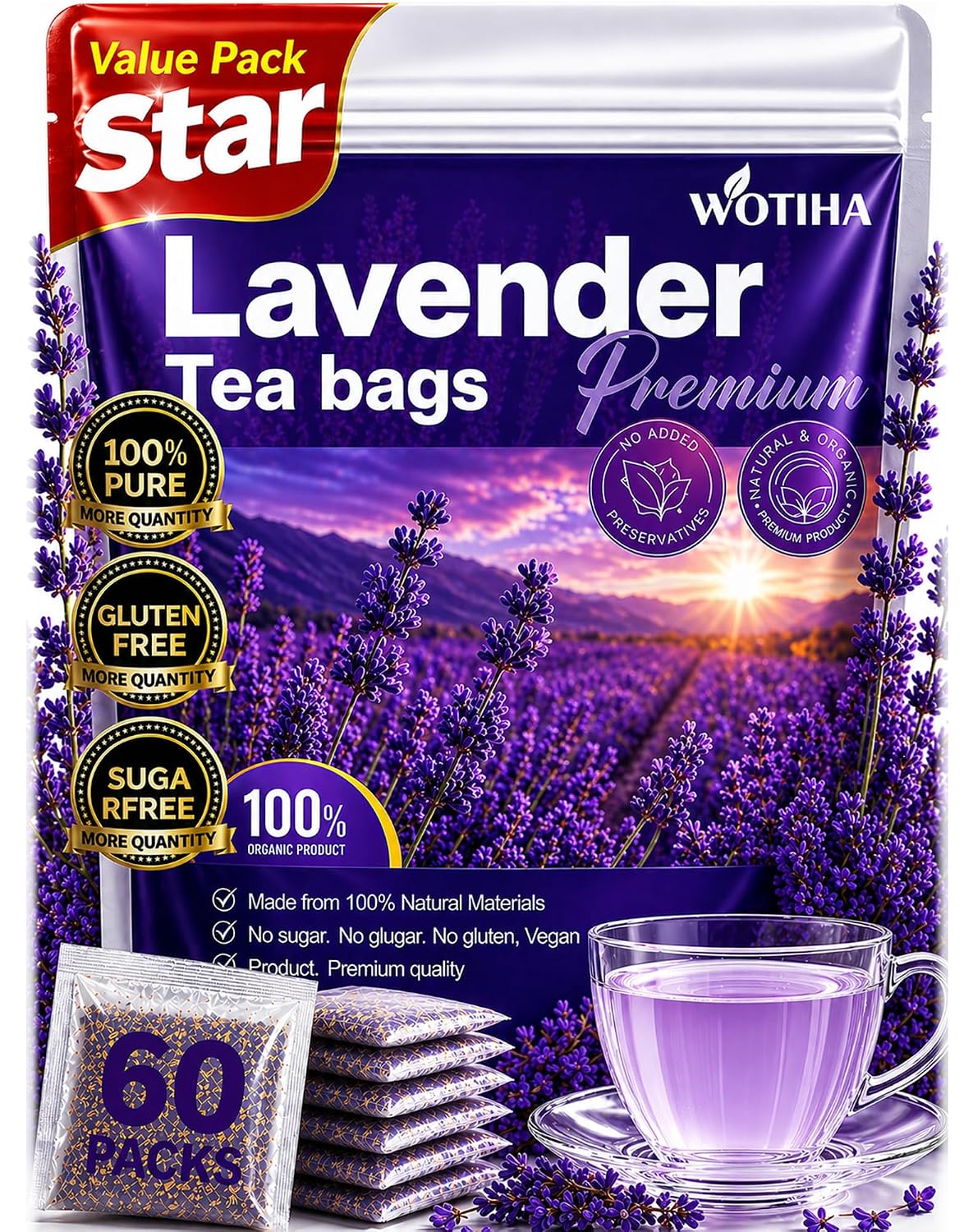 WOTIHA 60 Count Premium Chamomile Lavender Tea Bags - 100% Pure Flowers, Soothing Aroma, Supports Relaxation & Better Sleep, Caffeine-Free, Additive-Free, Sugar-Free, Vegan.Non-GMO