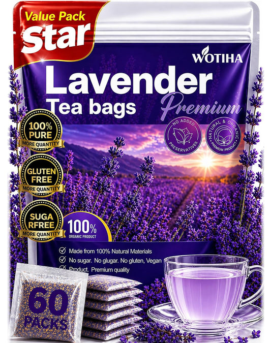 WOTIHA 60 Count Premium Chamomile Lavender Tea Bags - 100% Pure Flowers, Soothing Aroma, Supports Relaxation & Better Sleep, Caffeine-Free, Additive-Free, Sugar-Free, Vegan.Non-GMO
