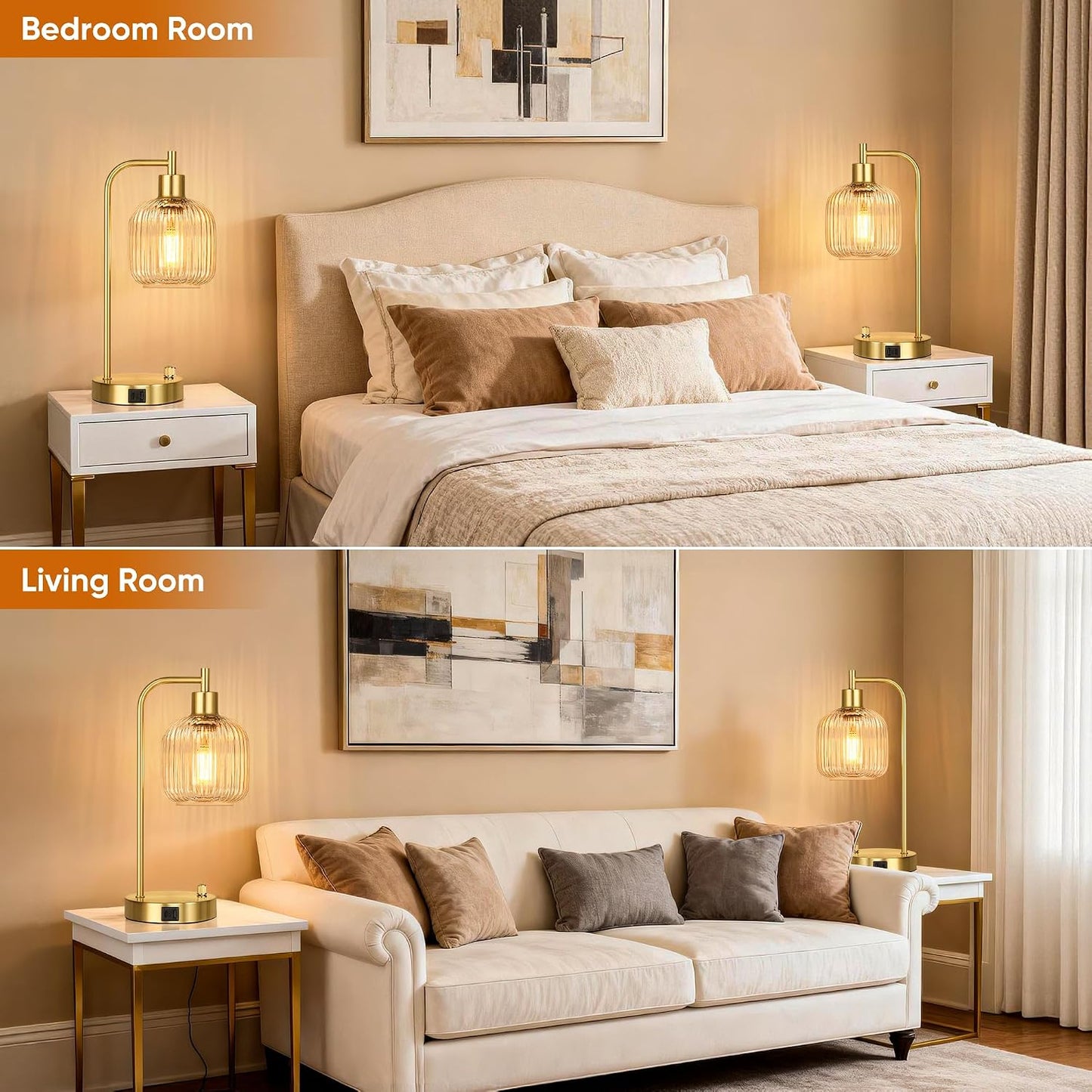 QiMH Industrial Table Lamp for Bedroom Set of 2, Green Glass Beside Lamp with USB A&C Ports, Stepless Dimmable Gold Lamps, Nightstand Lamps for Living Room, Office, Home Decor(Bulb Included)