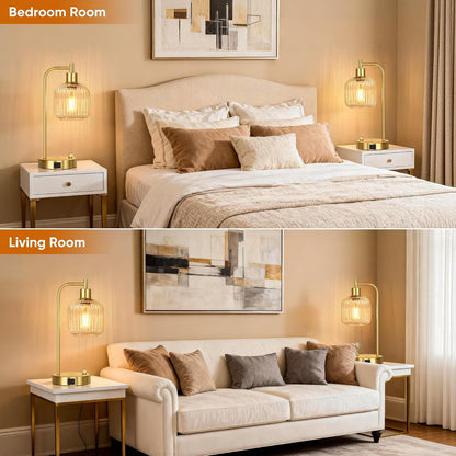 QiMH Industrial Table Lamp for Bedroom Set of 2, Green Glass Beside Lamp with USB A&C Ports, Stepless Dimmable Gold Lamps, Nightstand Lamps for Living Room, Office, Home Decor(Bulb Included)