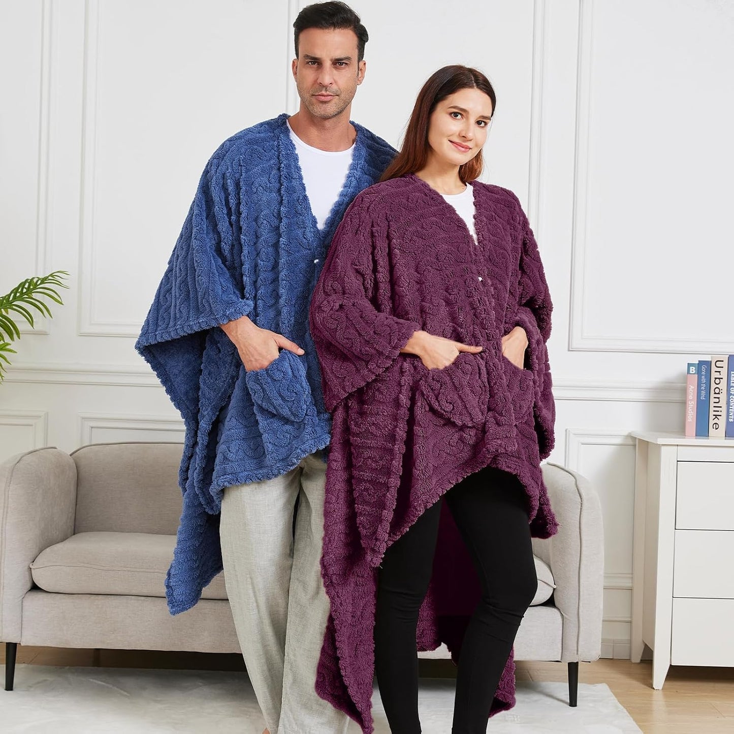Wearable Blanket Poncho Cape Wrap for Adult, Cozy Sherpa Fleece Pocketed Shawl TV Throw Blankets for Office and Lounge(Purple,58'' x 64'')