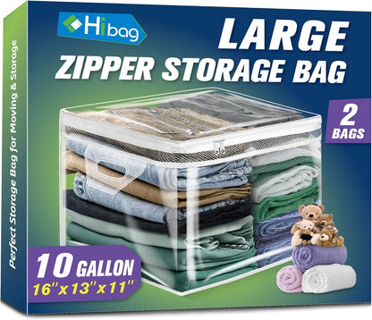 HIBAG 20 Gallon Large Storage Bag for Clothes, Zipper Clothing Storage Bag, Clear Organizer with Reinforced Handles, for Comforters Blankets Pillows Bedding
