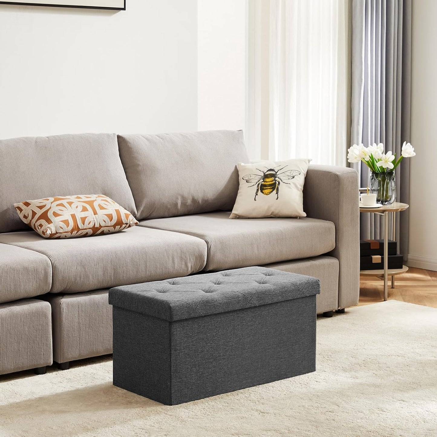 DUMOS 43 Inch Folding Storage Ottoman Bench, Large Hidden Storage Chest with Thicker Foam Padded Seat, End of Bed Foot Rest Stool for Bedroom Living Room Entryway, Load 660 lbs, Grey