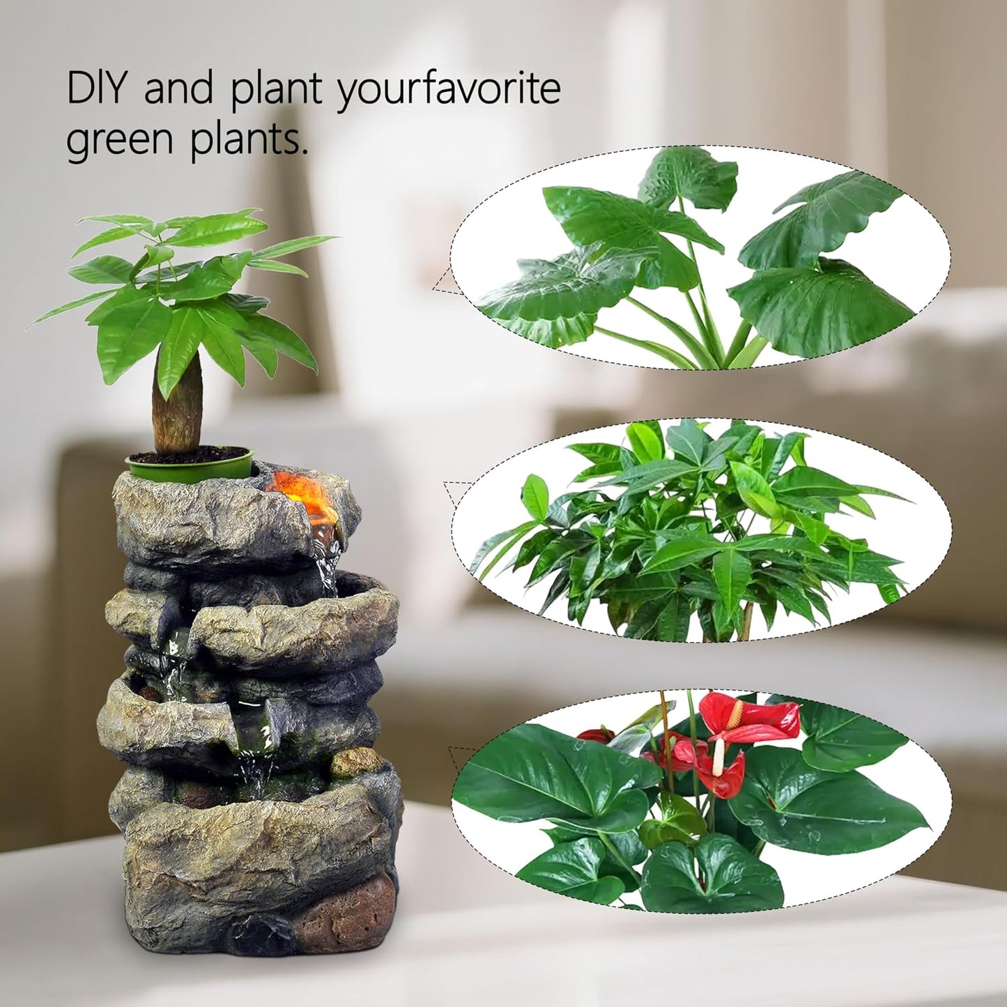 Kalona Tabletop Waterfall Fountain Rockery Fountains Soothing Sound Tabletop Fountains Home/Office Decor with a Small Plastic Pot to Grow The Plant by Yourself(Automatic Watering)(22020)