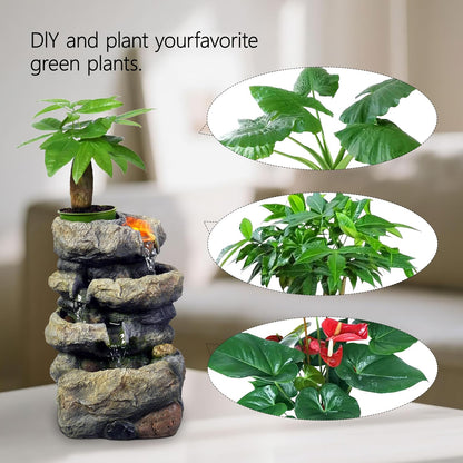 Kalona Tabletop Waterfall Fountain Rockery Fountains Soothing Sound Tabletop Fountains Home/Office Decor with a Small Plastic Pot to Grow The Plant by Yourself(Automatic Watering)(22020)