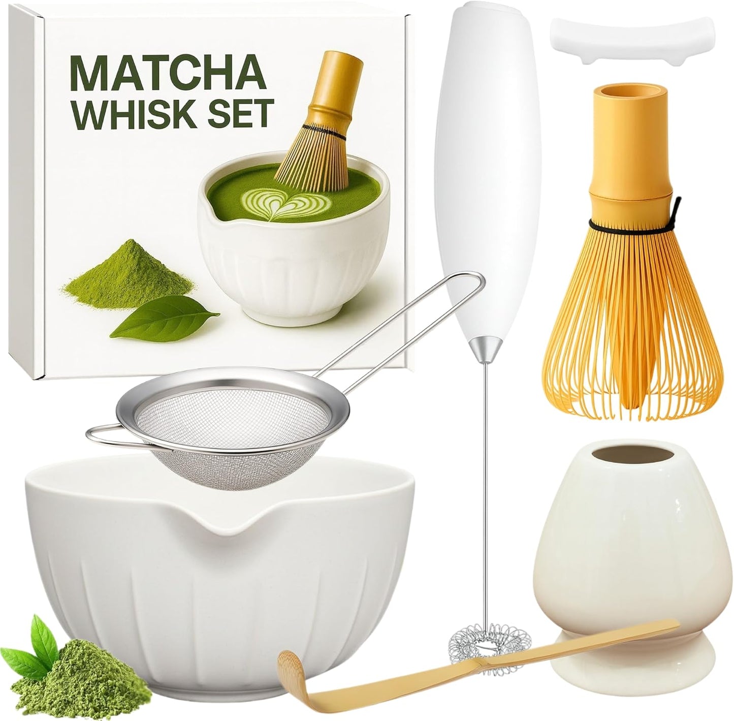 Matcha Whisk Set with Matcha Bowl - Matcha Set Included Electric Frother, Bamboo Whisk, Matcha Spoon, Bamboo Holder, Sifter, Spoon Stand (Mottled Green)