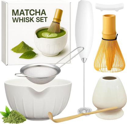 Matcha Whisk Set with Matcha Bowl - Matcha Set Included Electric Frother, Bamboo Whisk, Matcha Spoon, Bamboo Holder, Sifter, Spoon Stand (Mottled Green)
