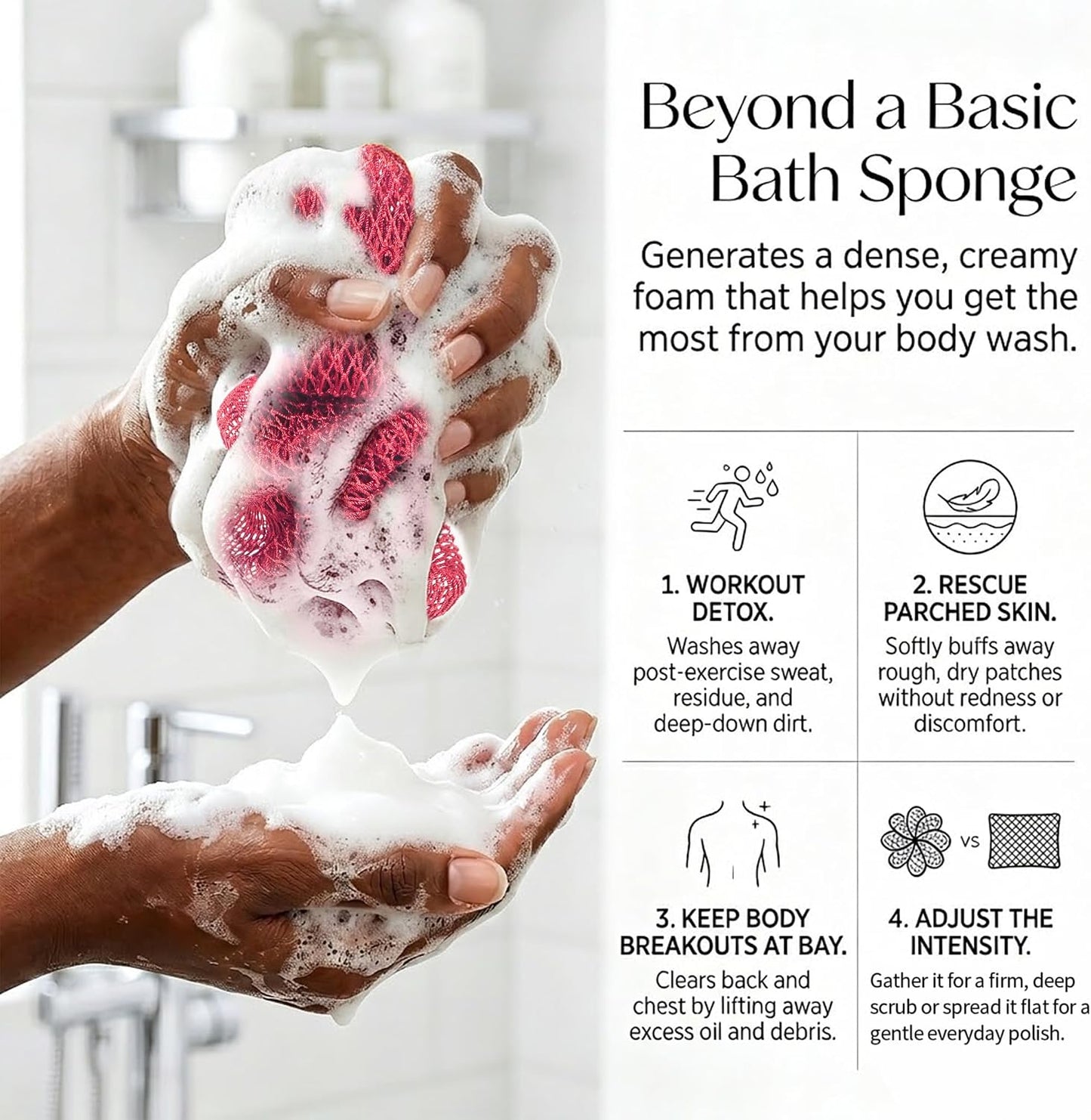 UJFQBH 3 Pieces African Bath Sponge African Net Long Net Bath Sponge Exfoliating Shower Body Scrubber Back Scrubber Skin Smoother,Great for Daily Use (Pink,Yellow,Purple)