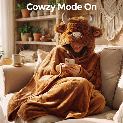 Mewaii Ultimate Softness Highland Cow Wearable Blanket Hoodie –Expertly Designed for American Body Full Coverage with Easy Movement Oversized Warm Cozy Flannel Blanket Cute Highland Cow Gift for Women