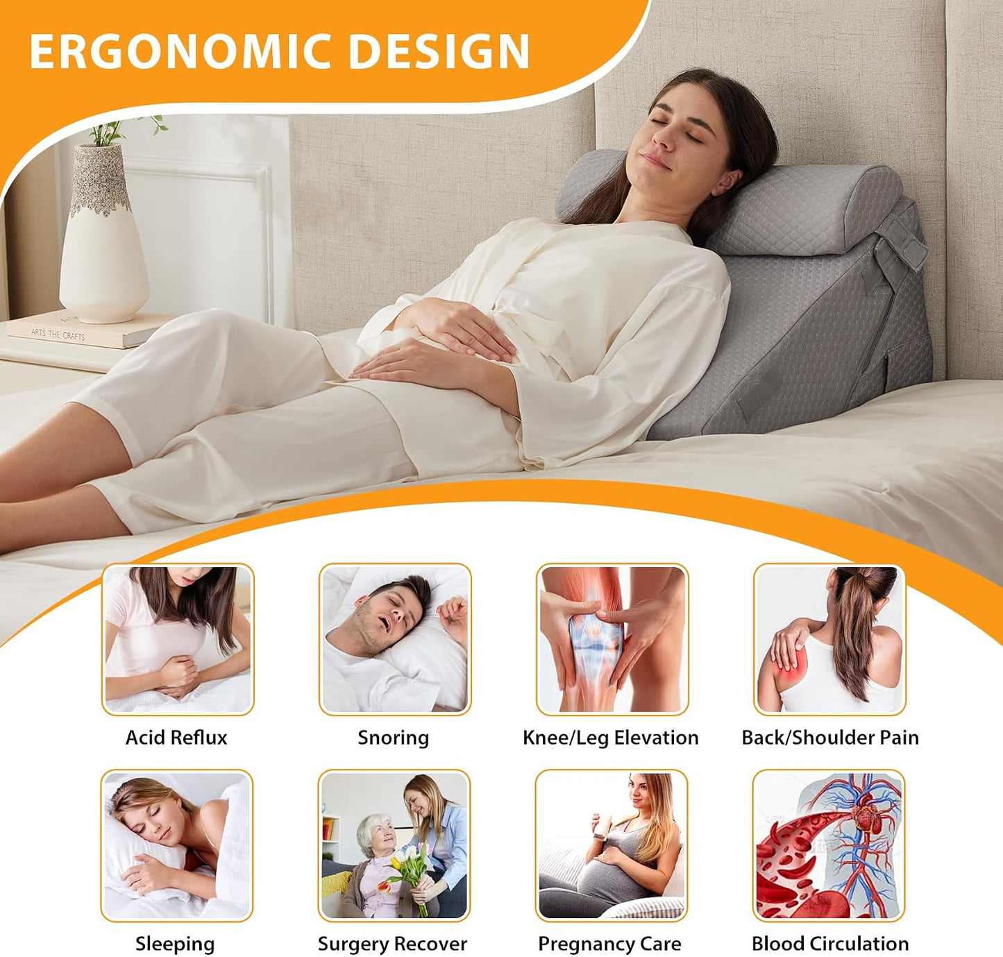Ruqmuis Wedge Pillow Set for After Surgery, 3PCS Adjustable 9&12 Inch Bed Wedge Pillow for Sleeping, Incline Pillow Wedge for Headboard, Post Surgery, Acid Reflux, Neck&Back Support, White/Grey