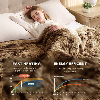 Homemate Heated Blanket Electric Throw - 50"x60" Heating Blanket Throw 1/2/4/6/8 Hours Auto-Off 10 Heat Levels Over-Heat Protection Luxury Faux Fur Sherpa ETL Certification