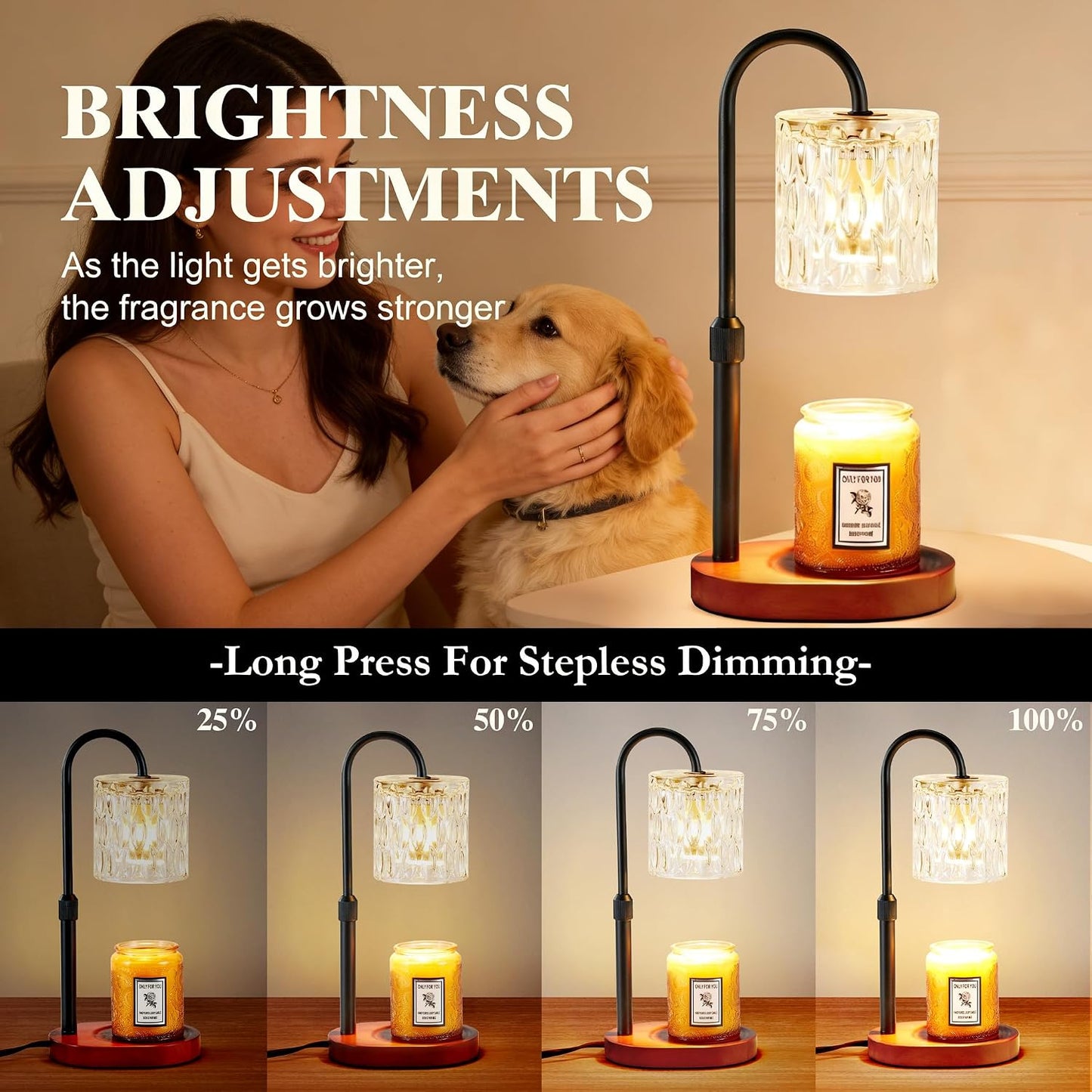Dreamholder Electric Candle Warmer Lamp with Timer, Dimmable Candle Lamp with Adjustable Height, Wax Melter for Jar Candles Wood Base Floral Home Decor Gifts for Women Mom, Silver Glass