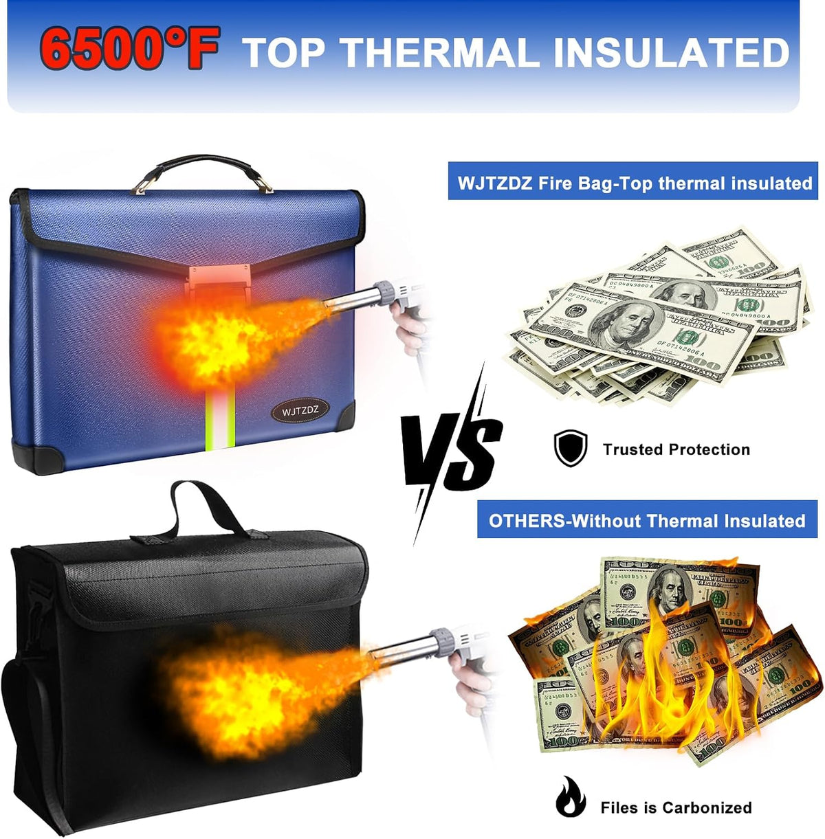 Upgraded Fireproof Money Bag,10 Layers of Heat Insulated Materials 6500°F