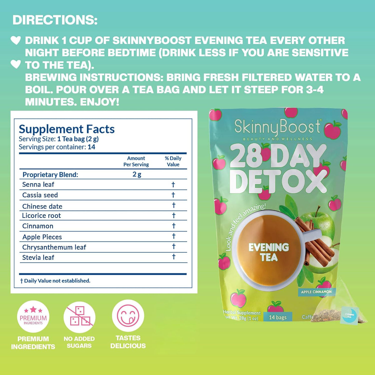 Skinny Boost Evening Detox Tea-APPLE CINNAMON -14 Tea Bags Total
