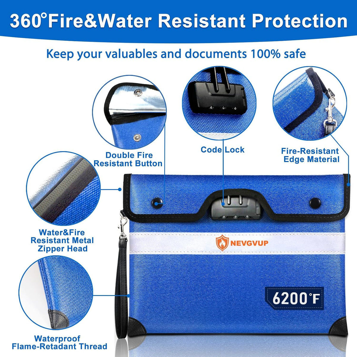 Upgraded 6200°F Fireproof Document Bag with Lock, Fire proof Money Bag for Cash with Zipper/Reflective Strip, 9 Layer of Heat Insulated Material, Water Resistant Fireproof Bags for Documents,Safe Bags