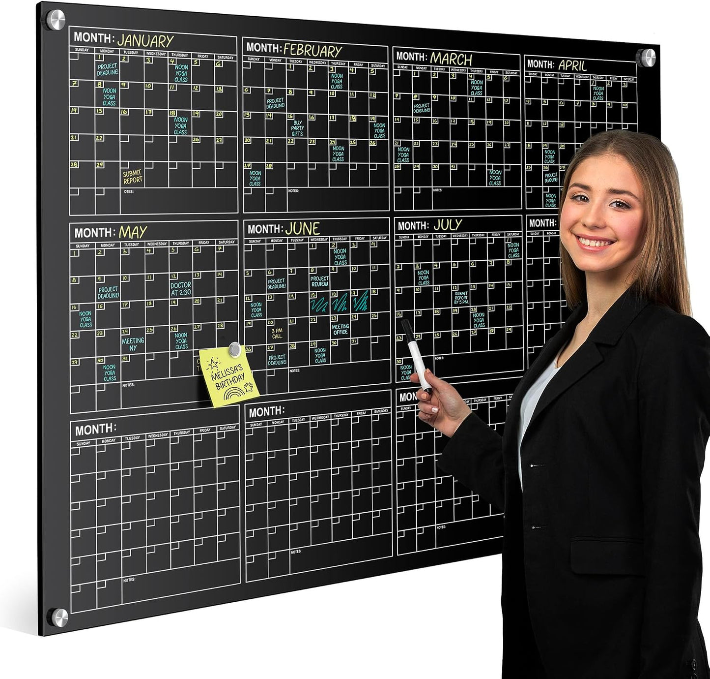 Magnetic 34”x46” Glass Whiteboard Calendar Yearly Dry Erase Planner for Wall Large Glass Whiteboard Calendars for Home and Office