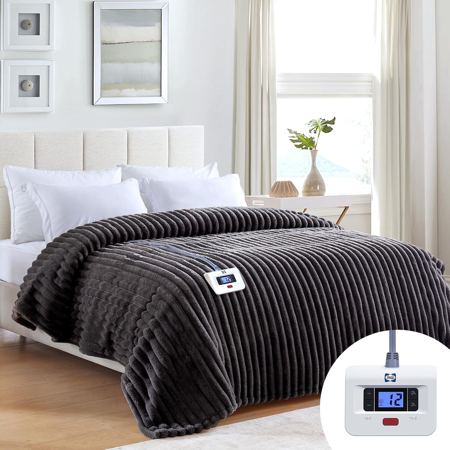 Sealy Electric Blanket Throw Size 50"*60",Super Cozy Faux Fur to Sherpa Reversible Heated Blanket Throw with 6 Heating Levels & 2-10 Hours Auto Off Overheating Protection Machine Washable,Blue White