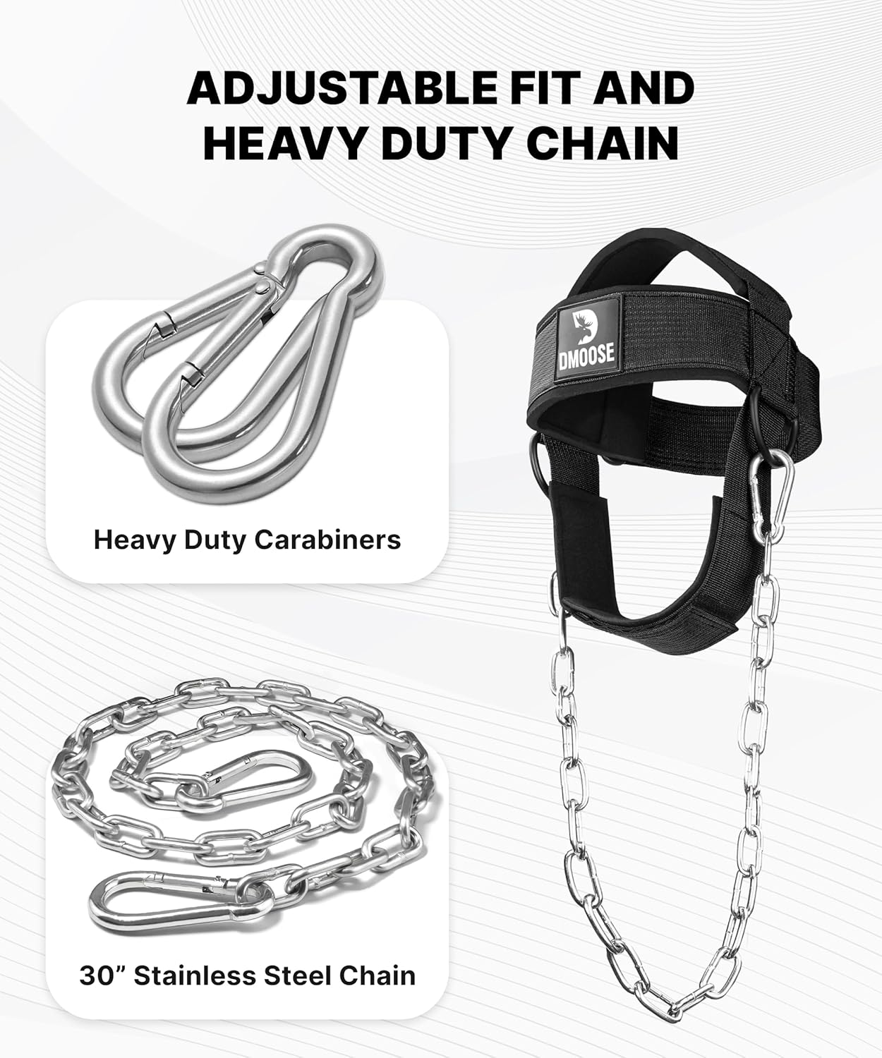DMoose Fitness Neck Harness for Weight Lifting - Soft Padded Head & Chin Strap with 30" Heavy Duty Steel Chain - Neck Exerciser, Trainer & Strengthener to Support Injury Recovery and Intense Workouts