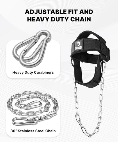 DMoose Fitness Neck Harness for Weight Lifting - Soft Padded Head & Chin Strap with 30" Heavy Duty Steel Chain - Neck Exerciser, Trainer & Strengthener to Support Injury Recovery and Intense Workouts