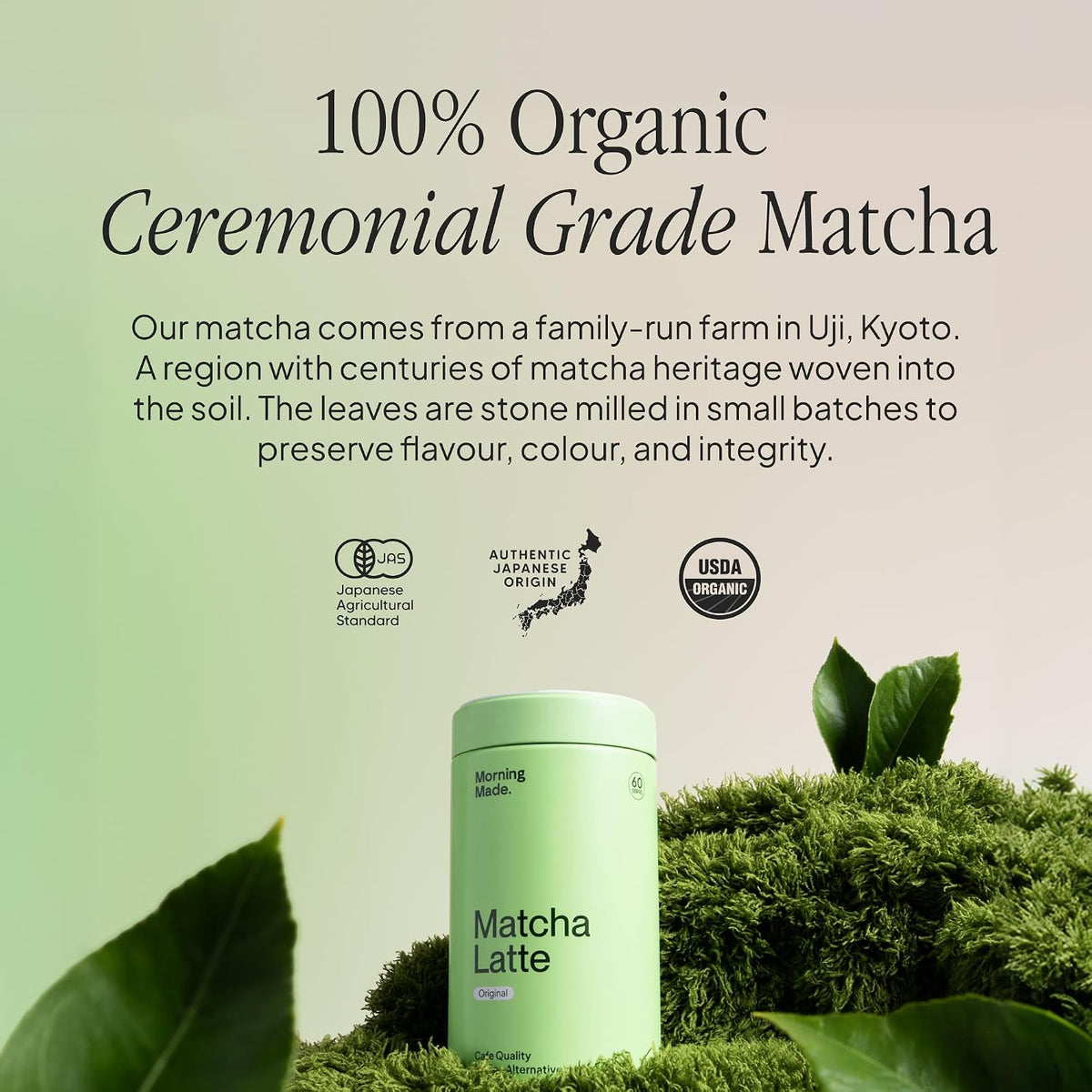 Morning Made Vanilla Ceremonial Grade Matcha Powder - USDA Organic Japanese Green Tea Matcha Powder from Uji Japan - Vegan, Gluten-Free, Resealable Tin (10.6 oz, 60 Servings)