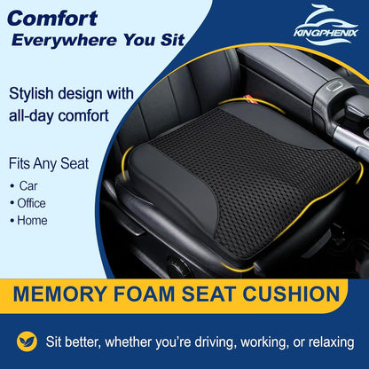 kingphenix Premium Car Seat Cushion, Memory Foam Driver Seat Cushion to Improve Driving View- Coccyx & Lower Back Pain Relief - Seat Cushion for Car, Truck, Office Chair (Leather Black)