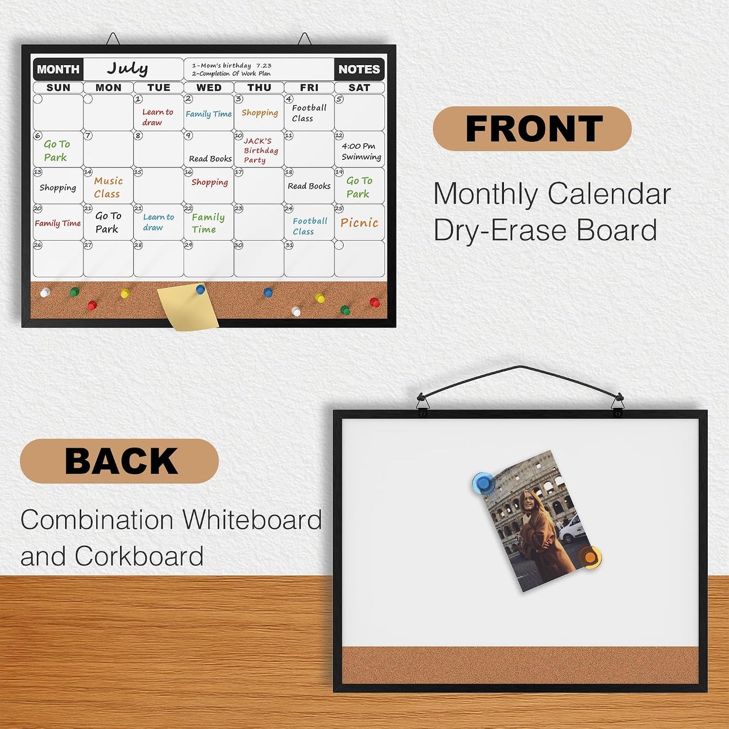 Monthly Calendar Dry Erase Board 16x12 Inch, Double-Sided Whiteboard and Corkboard Combo, Wall Mounted Planner Organizer with Markers, Magnets, Push Pins, Eraser, for Home Office School