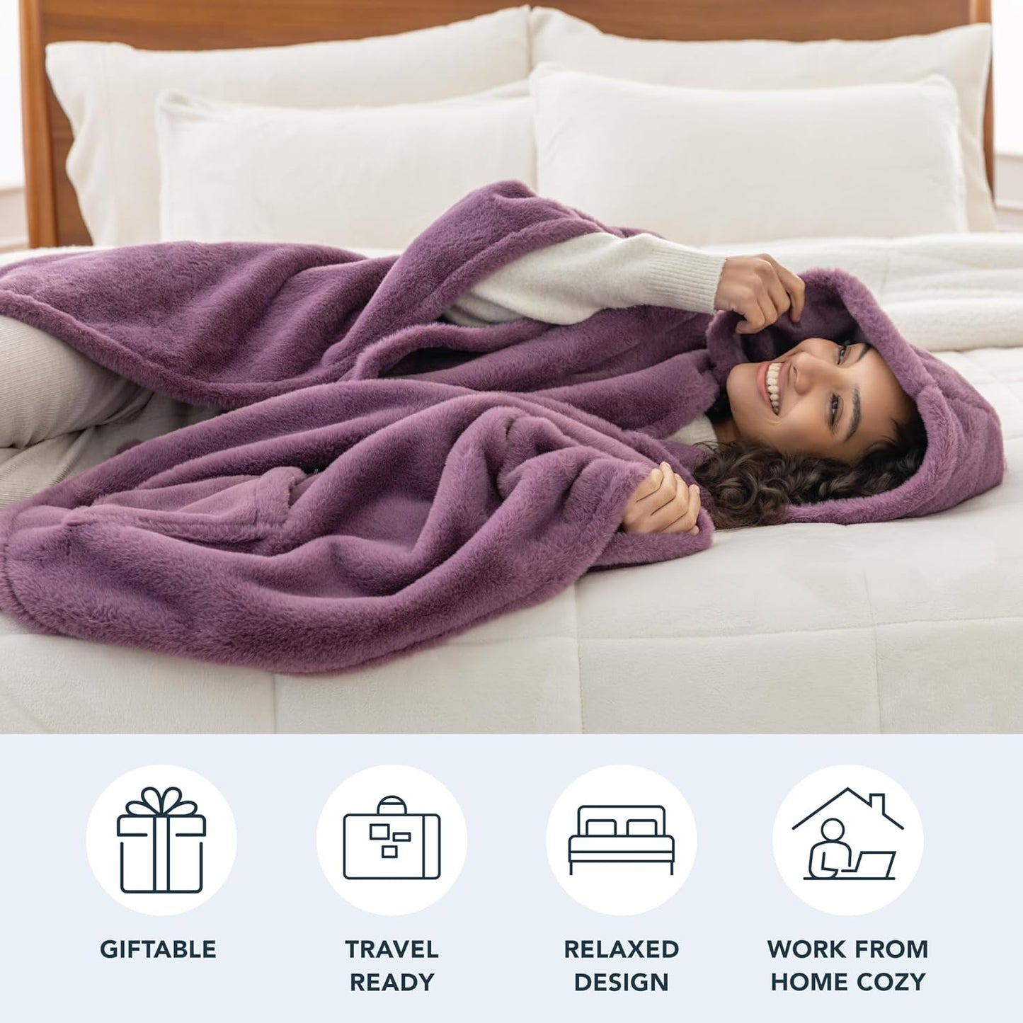 Berkshire Faux Fur Wearable Blanket, Cozy Reversible Loftmink Fleece Shawl with Hood & Side Pockets