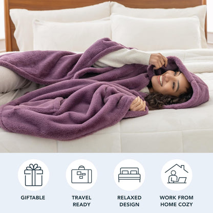 Berkshire Faux Fur Wearable Blanket, Cozy Reversible Loftmink Fleece Shawl with Hood & Side Pockets