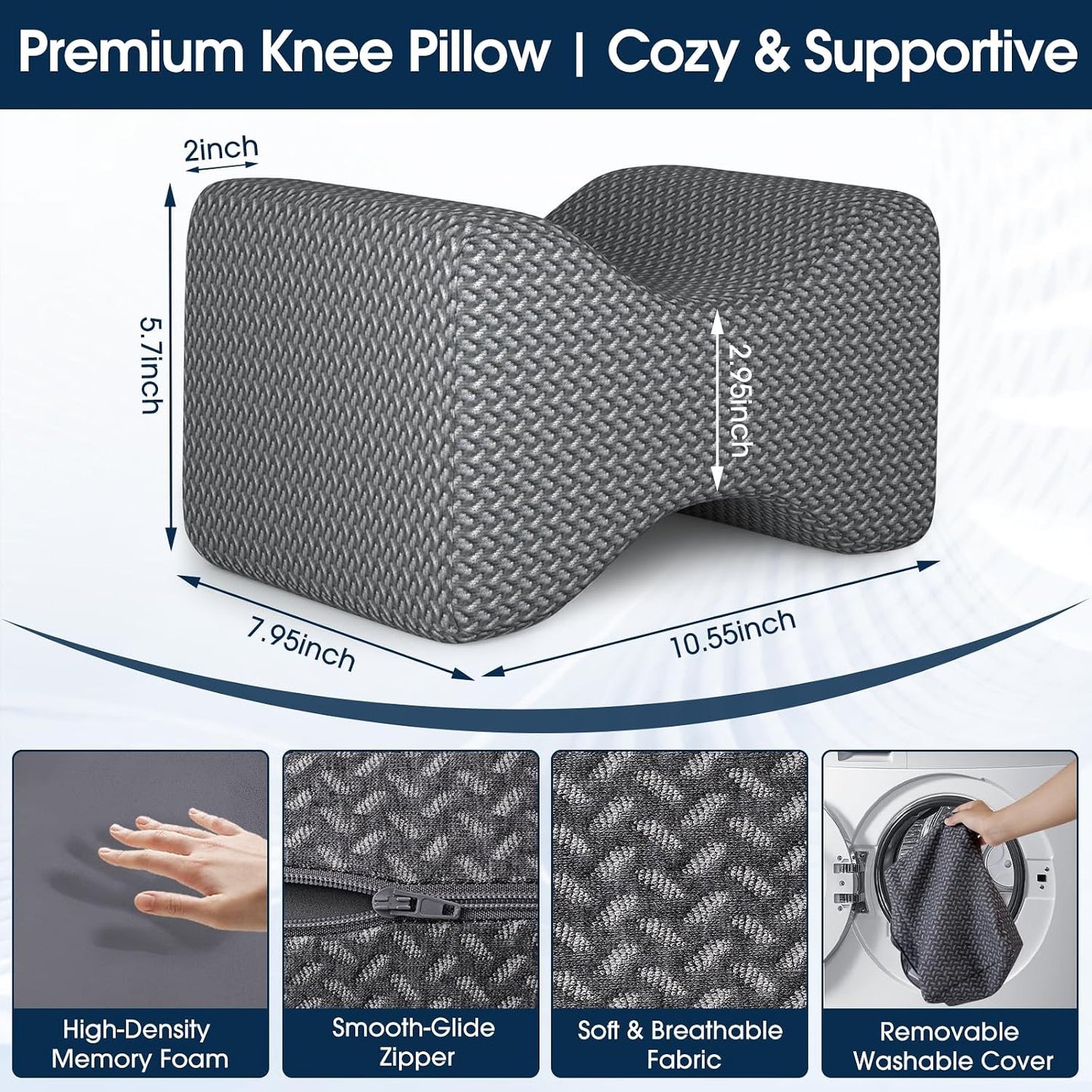 BlissTrends Memory Foam Knee Pillow, Knee Pillow for Side Sleepers, Leg Pillows for Sleeping Blood Circulation, Elevation Pillow for Spine Aligning, Sciatica, Back, Hip, Knee, Ankle Pain, Grey