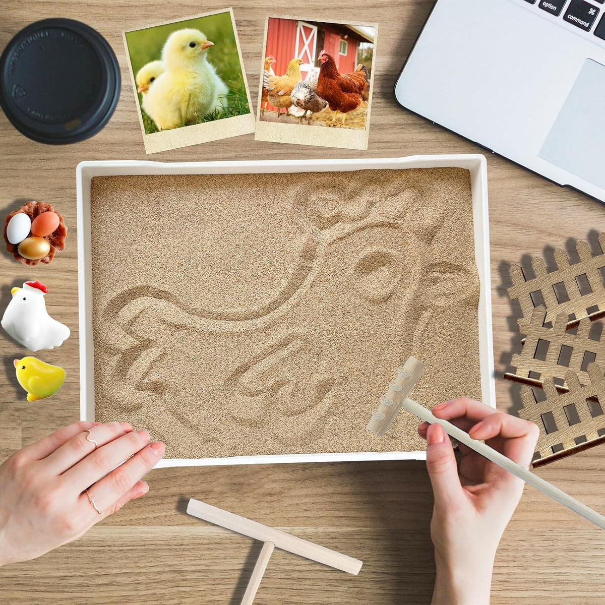 Threeheng Chicken Zen Garden for Desk with Sand Tray and Mini Coop
