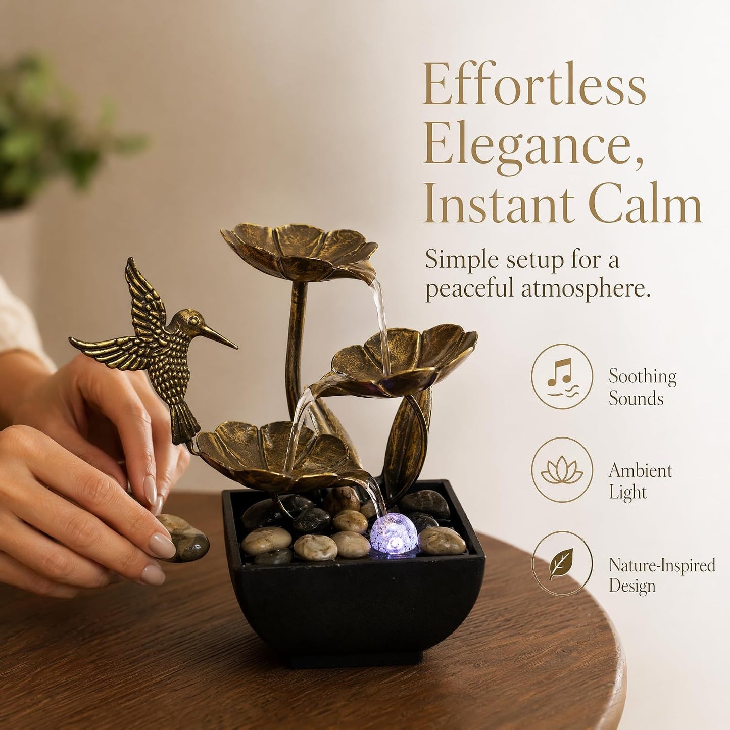 AOZITA Tabletop Fountain, Indoor Waterfall Fountain, Small Home Décor Zen Relaxation Soothing Sound Machine for Office, Living Room, or Bedroom,Blue Metal Lotus with Bud, River Rocks,Round LED
