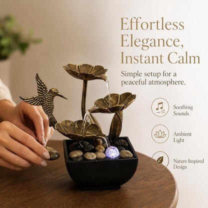 AOZITA Tabletop Fountain, Indoor Waterfall Fountain, Small Home Décor Zen Relaxation Soothing Sound Machine for Office, Living Room, or Bedroom,Blue Metal Lotus with Bud, River Rocks,Round LED