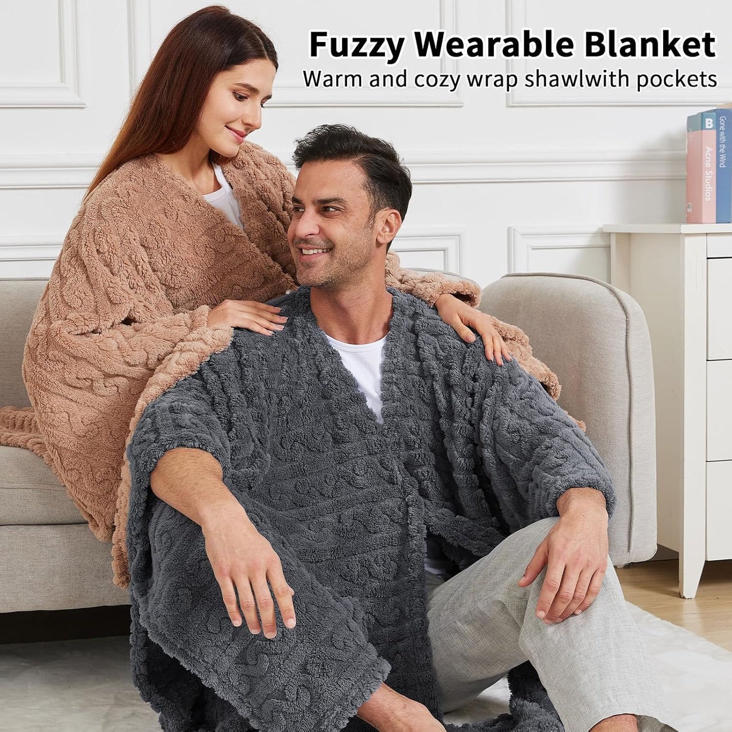 Wearable Blanket Poncho Cape Wrap for Adult, Cozy Sherpa Fleece Pocketed Shawl TV Throw Blankets for Office and Lounge(Purple,58'' x 64'')