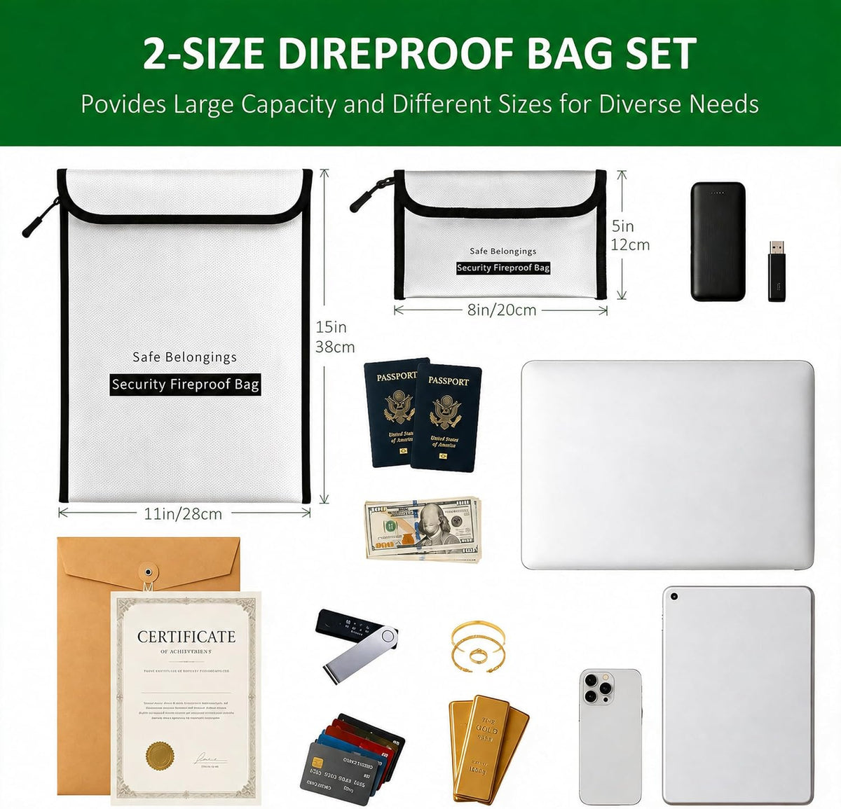 2 Size Fireproof Waterproof Document Money Bag, Important File Safe Holder