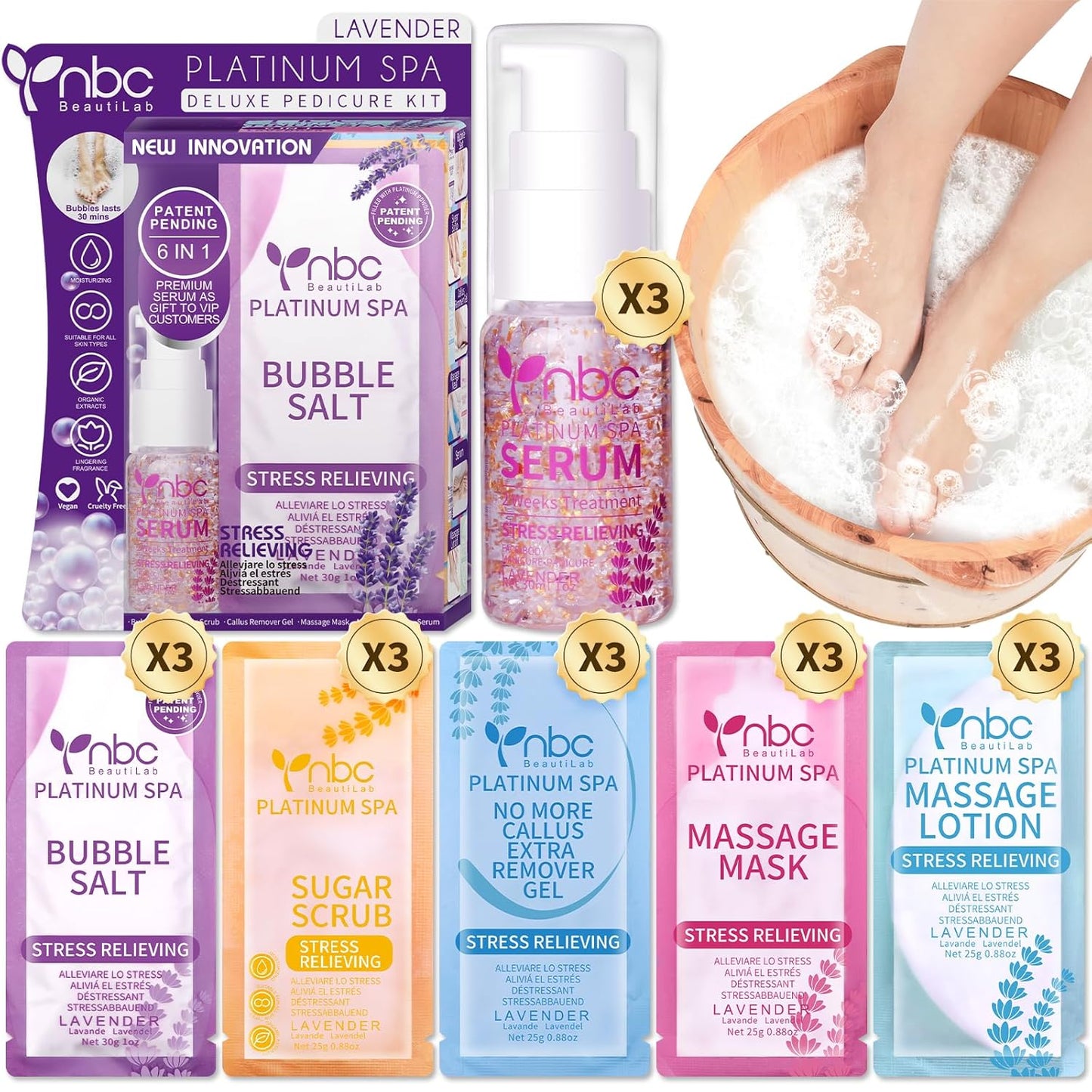 Pedicure Kit Foot Soak Set: Bubble Salt, Sugar Scrub, Massage Mask, Massage Lotion in a Box, 4 Step Foot Spa Kit for Dry Feet, Softens Calluses, Tired Feet（3 Set Lavender) - Colors B