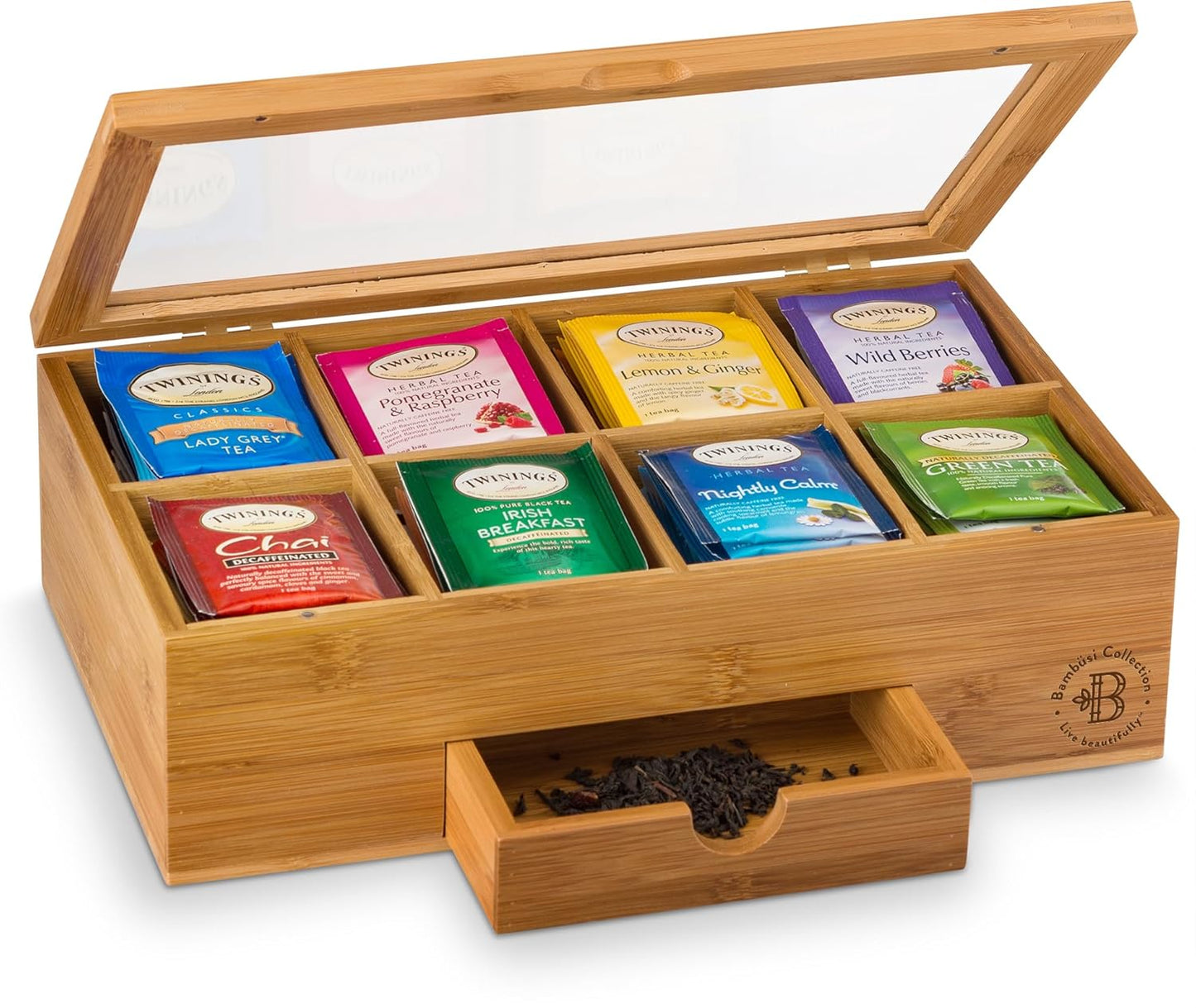 Tea Bag Organizer with Drawer - Bamboo Tea Box Organizer, 8-Compartment Tea Storage Box with Acrylic Lid and Magnetic Closure, Tea Box for Kitchen Counter, Gifts for Mom, Wife, Tea Lovers (White)