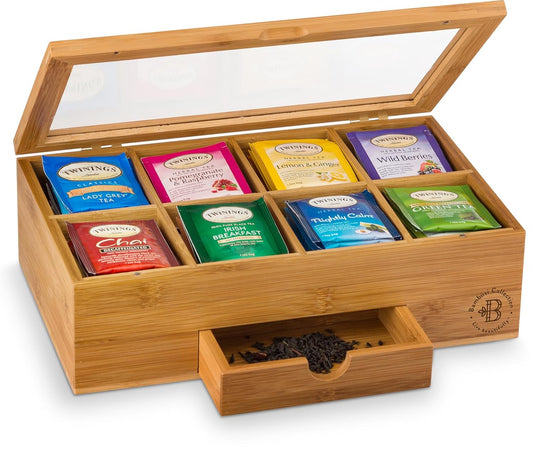 Tea Bag Organizer with Drawer - Bamboo Tea Box Organizer, 8-Compartment Tea Storage Box with Acrylic Lid and Magnetic Closure, Tea Box for Kitchen Counter, Gifts for Mom, Wife, Tea Lovers (White)