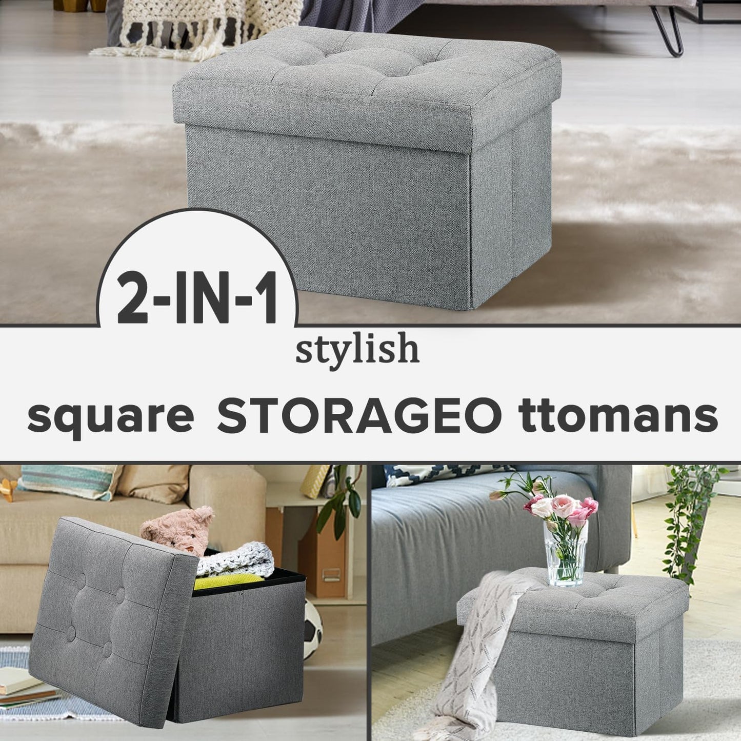 LINMAGCO Ottoman with Storage Small Foot Rest Stool Under Desk Stool Short Folding Footrest for Living Room Bedroom Home Office Dorm Dark Gray 16X12X12IN