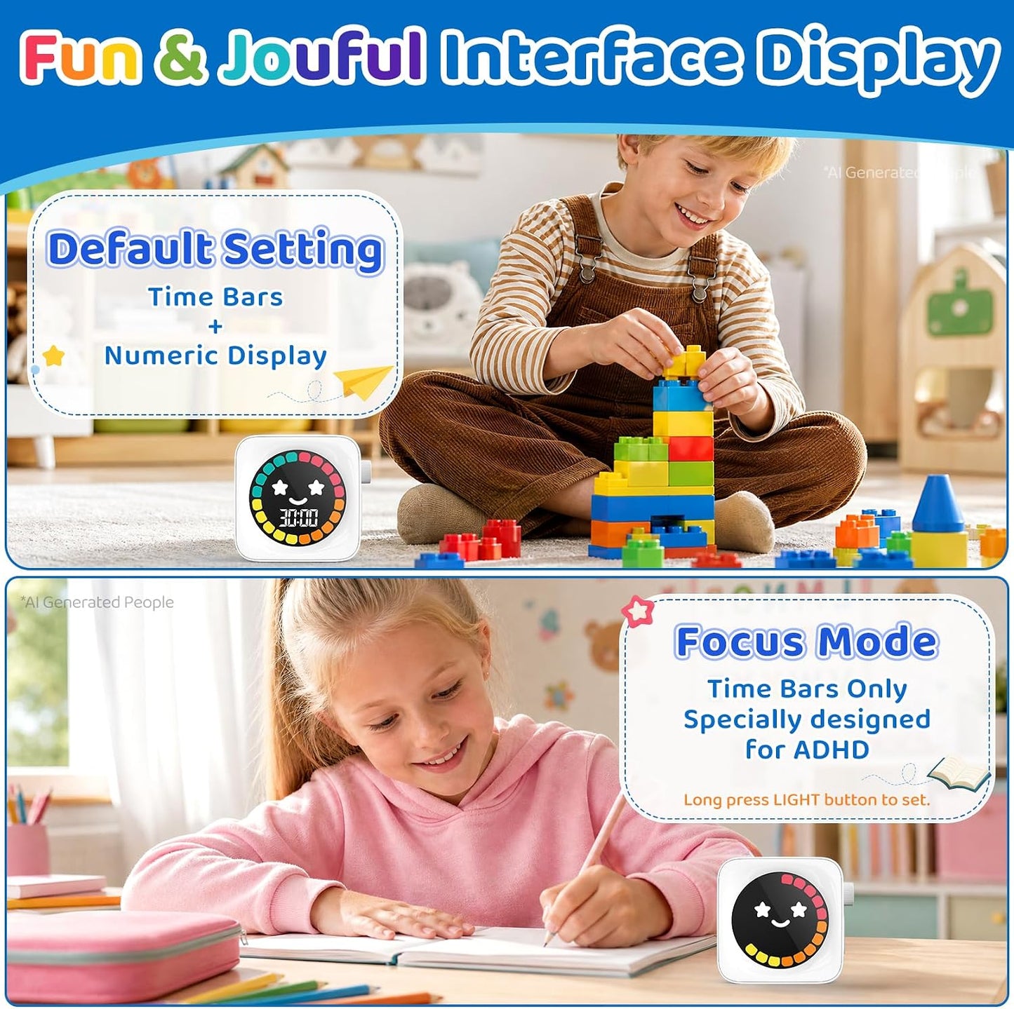 Visual Timer for Kids, 99 Minute Digital Cute Kids Visual Timer Classroom Timer for Homeschool Supplies Study Teaching Time Management Tool Countdown Productivity Timer, White, Colorful Display