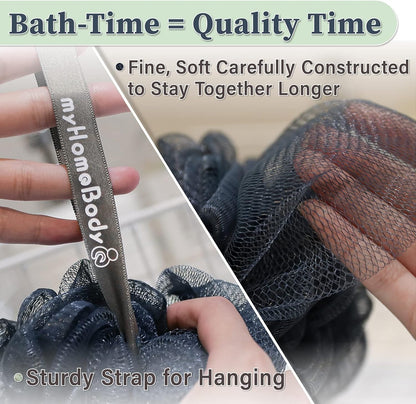 myHomeBody Large 70g Loofah Sponge, Bath Body Scrubber for Women, Men, Exfoliating Shower Pouf with Activated Charcoal - 2 Graphite Gray + 1 Sage Green, 3 Pack