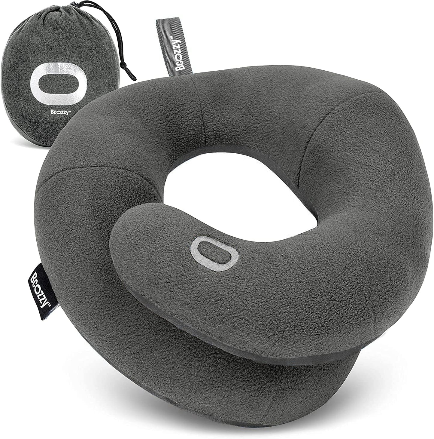 BCOZZY Travel Neck Pillow for Airplane– Patented Double Support for Head, Neck, and Chin. Best for Long Flights, Plane Sleeping, and Car Rides. Adjustable Size. Fully Washable. Carry Bag. Large, Black