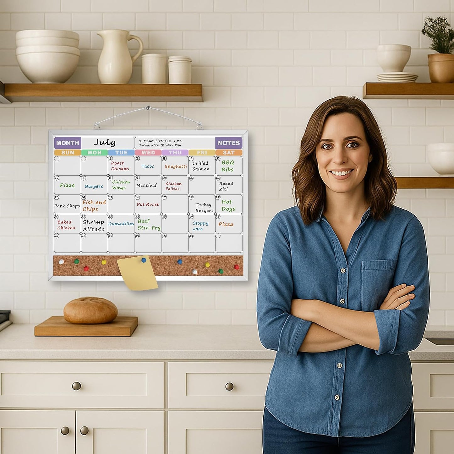 Monthly Calendar Dry Erase Board 16x12 Inch, Double-Sided Whiteboard and Corkboard Combo, Wall Mounted Planner Organizer with Markers, Magnets, Push Pins, Eraser, for Home Office School