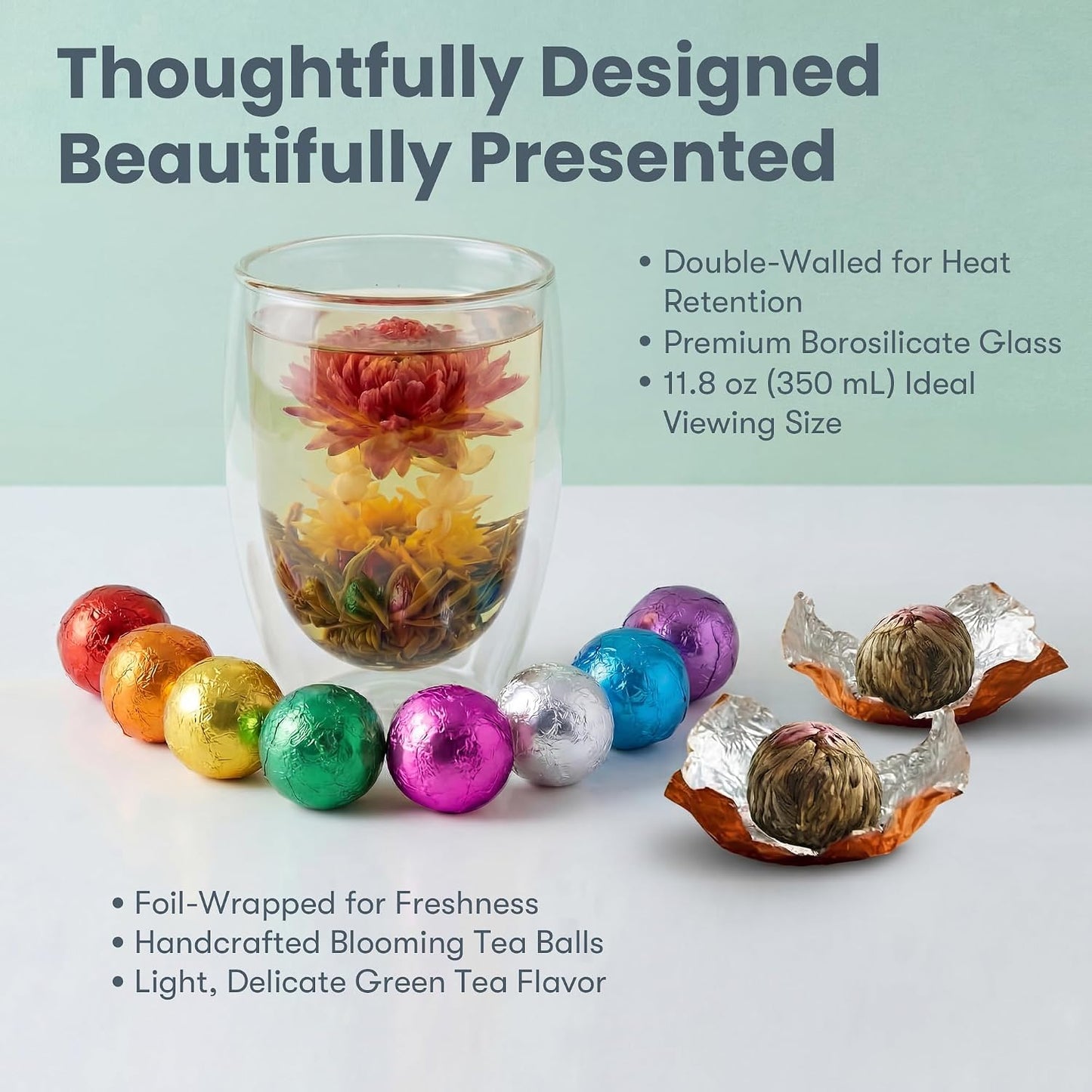 Blooming Tea Gift Set with Double-Walled Glass Teacup, 8 Handcrafted Flowering Tea Balls, Artisan Green Tea and Flower Varieties, Perfect Birthday and Anniversary Gift for Tea Lovers