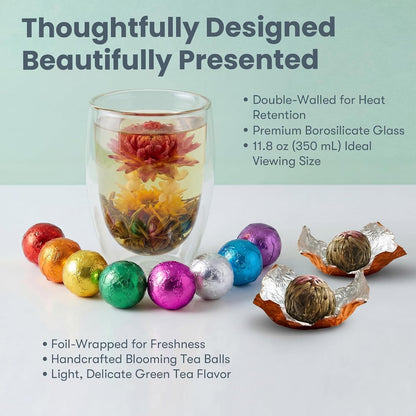 Blooming Tea Gift Set with Double-Walled Glass Teacup, 8 Handcrafted Flowering Tea Balls, Artisan Green Tea and Flower Varieties, Perfect Birthday and Anniversary Gift for Tea Lovers