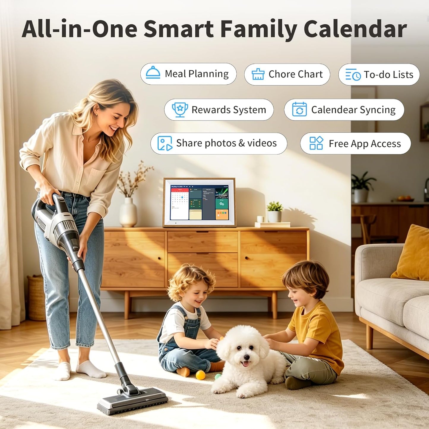 Digital Calendar, 10.1 Inch Electronic Calendar for Family Schedules, Smart Touchscreen Interactive Family Planner with Chore Chart, Meal Planner, Digital Picture Display, Gift for Mom Dad Mother (Wood Grain Color)